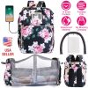 3 In 1 Multifunctional Diaper Bag Backpack Mommy Bag with Changing Station Foldable Baby Bed Bassinet with USB Port Toy Bar Sunshade Travel Crib