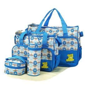 5PCS Baby Nappy Diaper Bags Set Mummy Diaper Shoulder Bags w/ Nappy Changing Pad Insulated Pockets Travel Tote Bags For Mom Dad (Option: Blue)