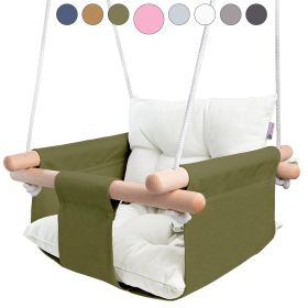 Canvas Baby Swing Wooden Hanging Swing Seat Chair with Safety Belt Durable Baby Swing Chair Outdoor and Indoor Swing for Kids Mounting Hardware I (Brand: Cateam)