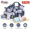 5Pcs Baby Nappy Diaper Bags Set Mummy Diaper Handbags with Diaper Pad Food Bag Bottle Bag Travel Tote Bags For Mom Dad